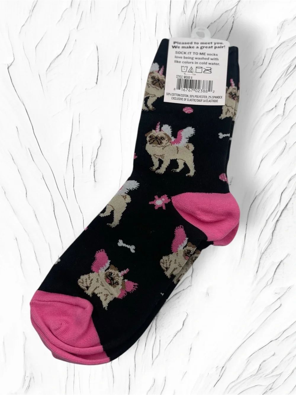 Sock It to Me NWT Pugasus Flying Pug Unicorn Women's Crew Socks Pink Black